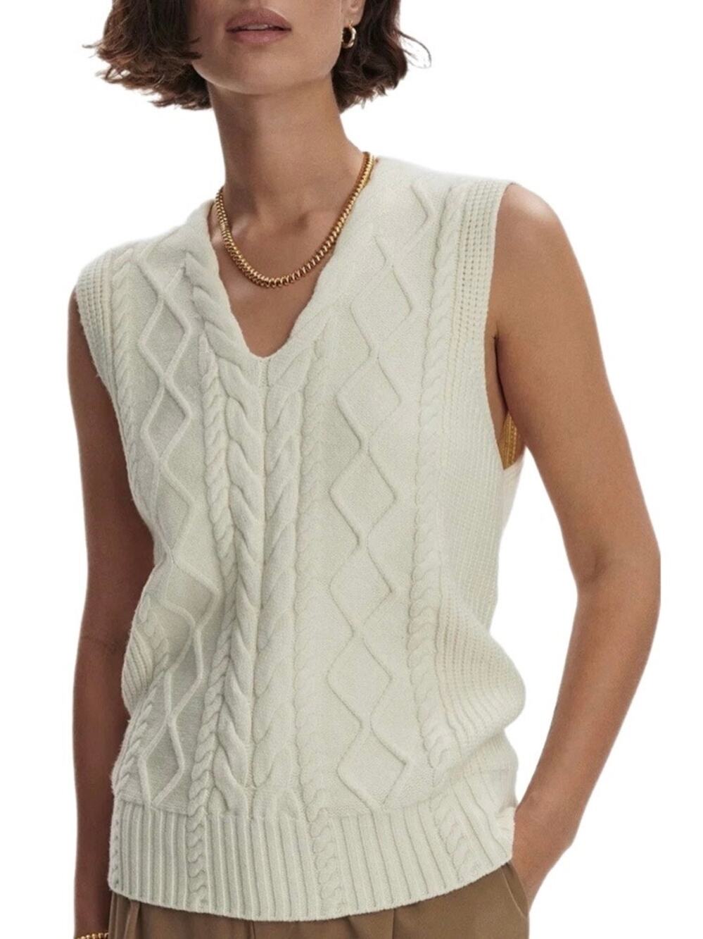 Varley Kay Cable Knit V-Neck Sweater Vest in Snow White